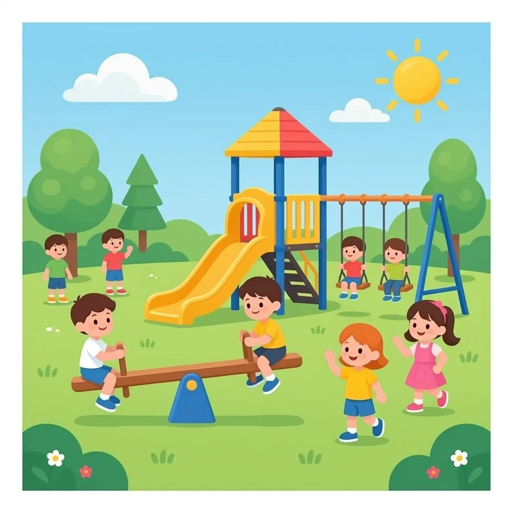 playground with seesaw, slides, swings and kids playing hide-and-seek emoji