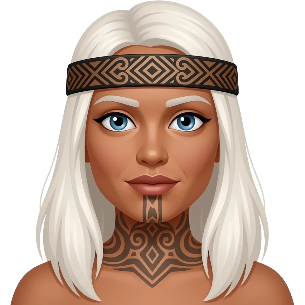 Maori warrior female with tribal moko Kauwae on chin only dark skinned Taniko headband long white blonde hair and blue eyes emoji