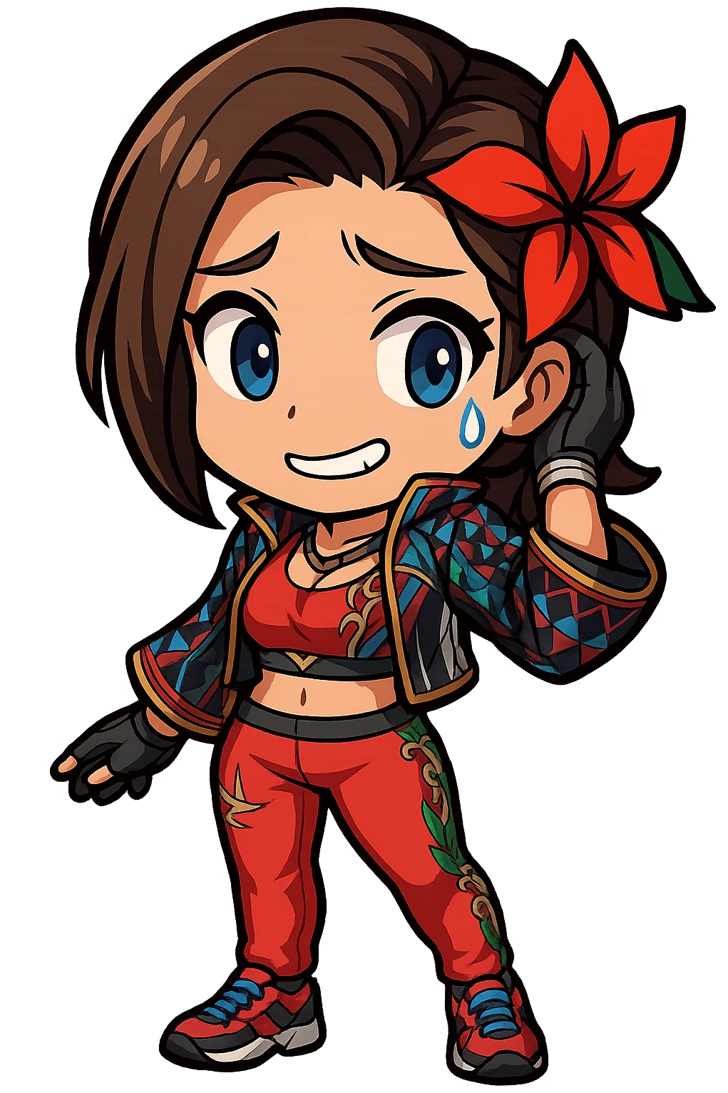 Azucena from Tekken 8 in chibi sticker style, with a sweat drop and nervous smile, wearing the detailed red and patterned outfit from the reference images, designed for Twitch emote use. emoji