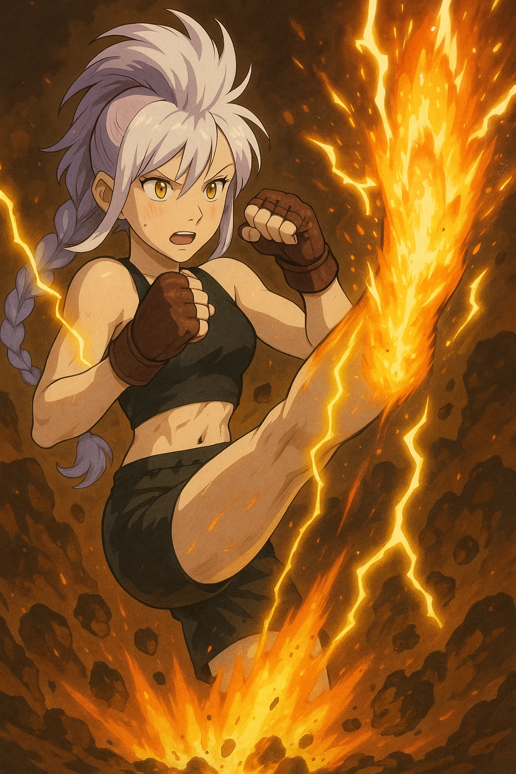 maiden, mohawk, long braid white hair with lavender and tips long messy bangs one side, gold yellow eyes, black crop top, with both fighting gloves up in defensive ready pose, delivering a lightning quick vertical upwards front kick with volcanic force emoji