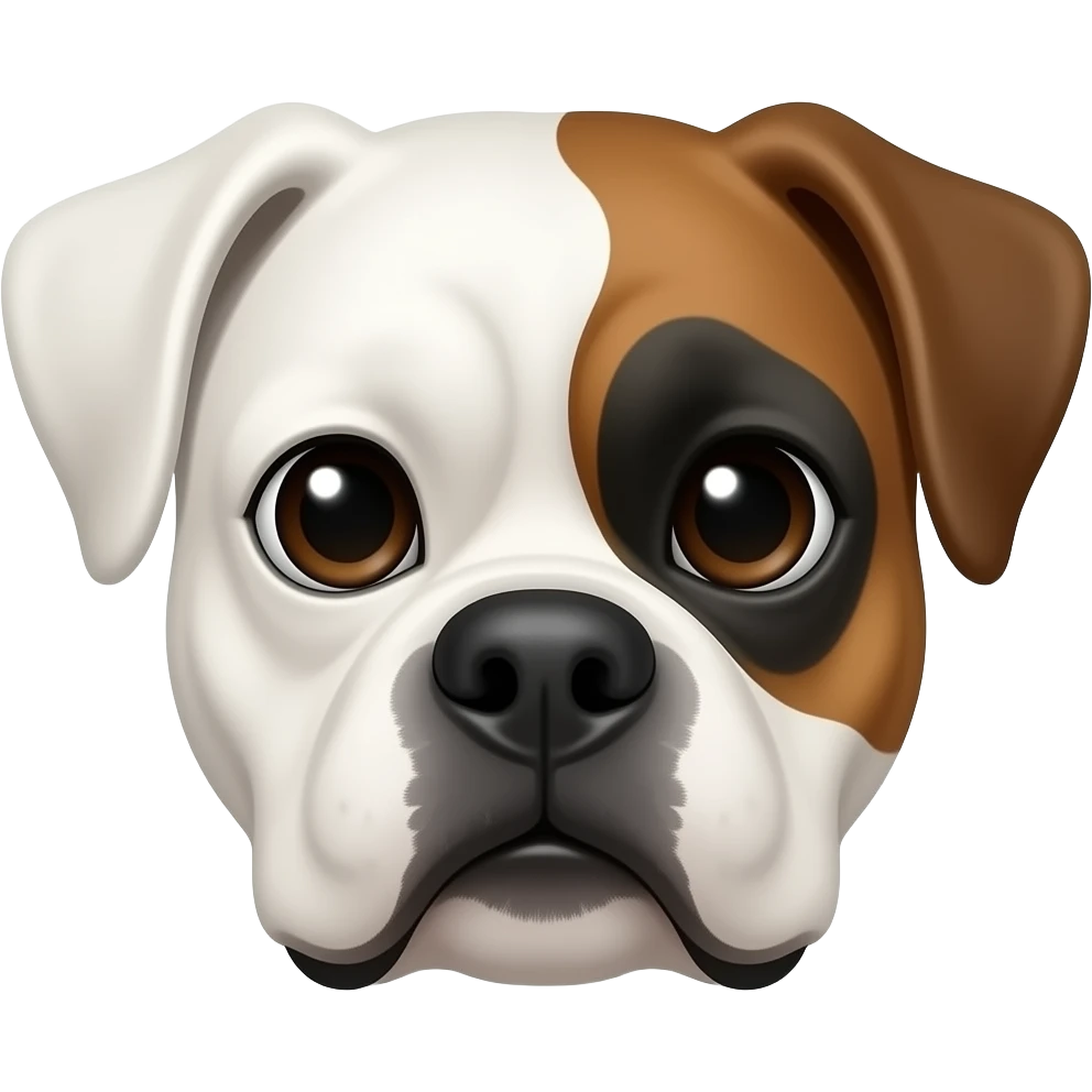 Only eye patch not ear torso have ire muzzle  only front facing head tilted Female all white boxer dog middle aged  brown patch on right eye emoji