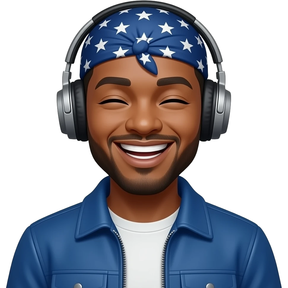 A black person bit brown is with headphones on and have a durag on his head is wearing a blue jacket and his face expression is like his eyes are closed and he is holding his laugh from his lips emoji