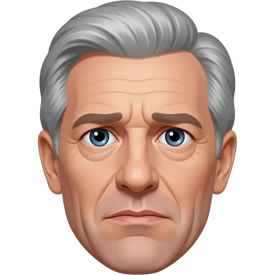 Jeffrey Epstein with grey hair and dark blue eyes. No body just head. Looking miserable like his mugshot. emoji