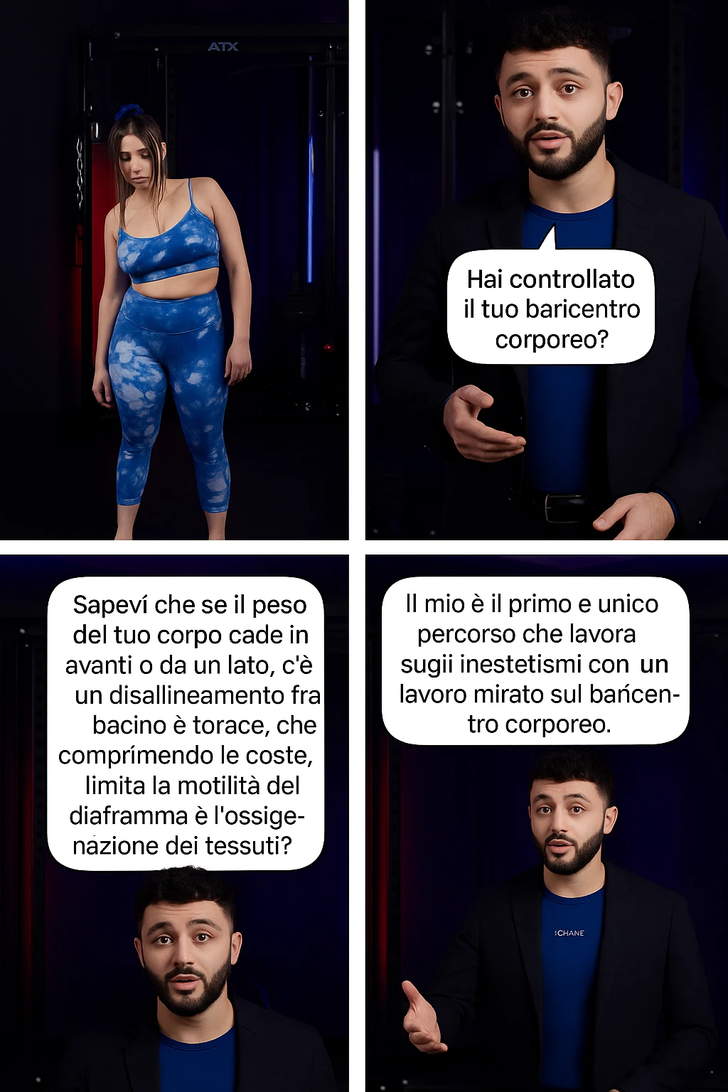 TRASFORMA QUESTO CAROSELLO IN UN FUMETTO CON QUESTE DUE PERSONE IDENTICHE CHE INTERLOQUISCONO TRA LORO:

LEI: Ho la cellulite anche se mi alleno e mangio bene, cosa posso fare?

LUI: Hai controllato il tuo baricentro corporeo?
LUI: Sapevi che se il peso del tuo corpo cade in avanti o da un lato, c’è un disallineamento fra bacino e torace, che comprimendo le coste, limita la motilità del diaframma e l’ossigenazione dei tessuti?
LUI: Il mio è il primo e unico percorso che lavora sugli inestetismi con un lavoro mirato sul baricentro corporeo. emoji