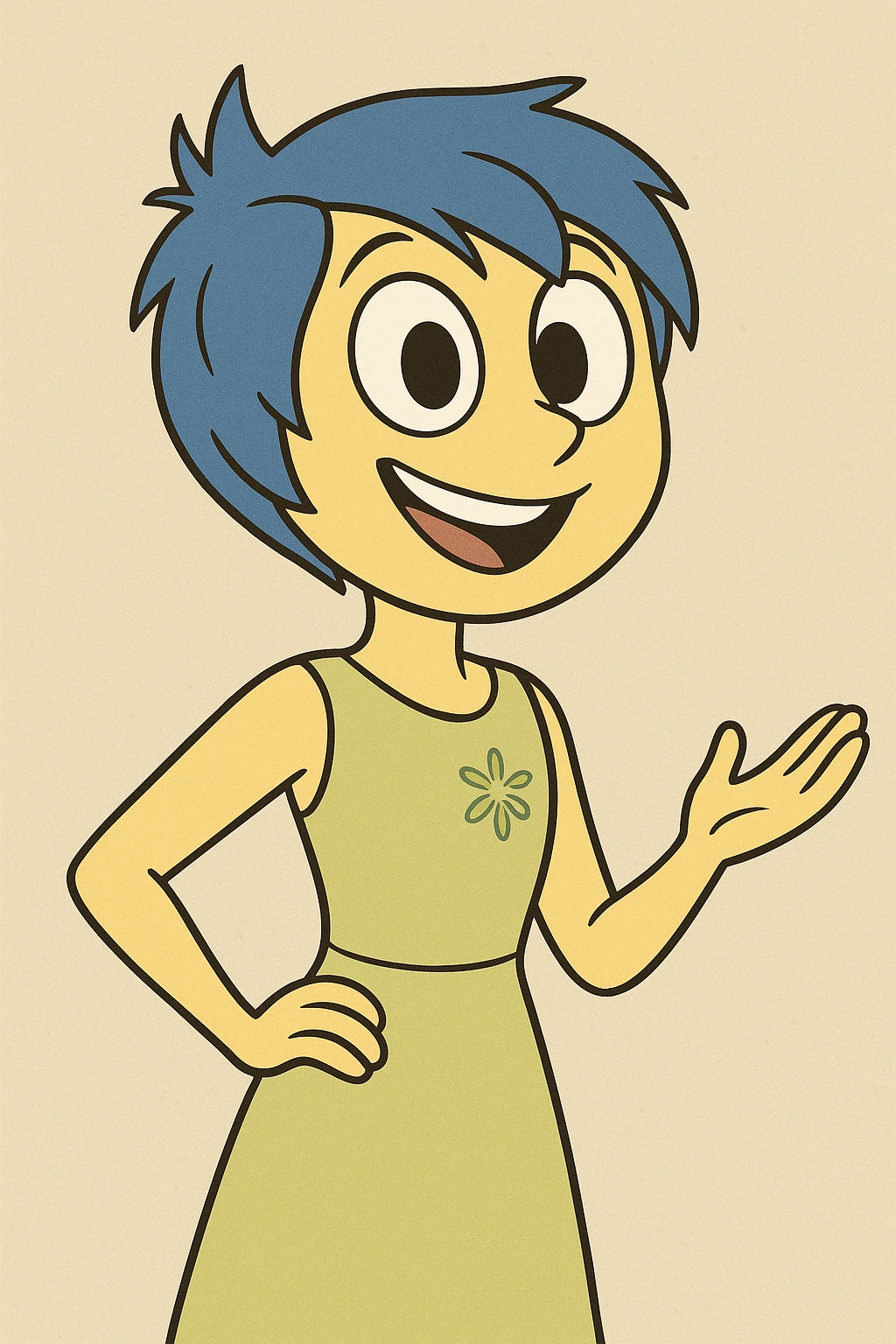Joy from Inside Out, cheerful expression, blue hair, yellow skin, animated style emoji