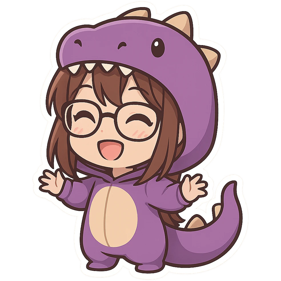 chibi anime style gamer girl with glasses, brown hair, dark purple eyes, wearing a purple dinosaur costume, happy, eyes open, no controller emoji
