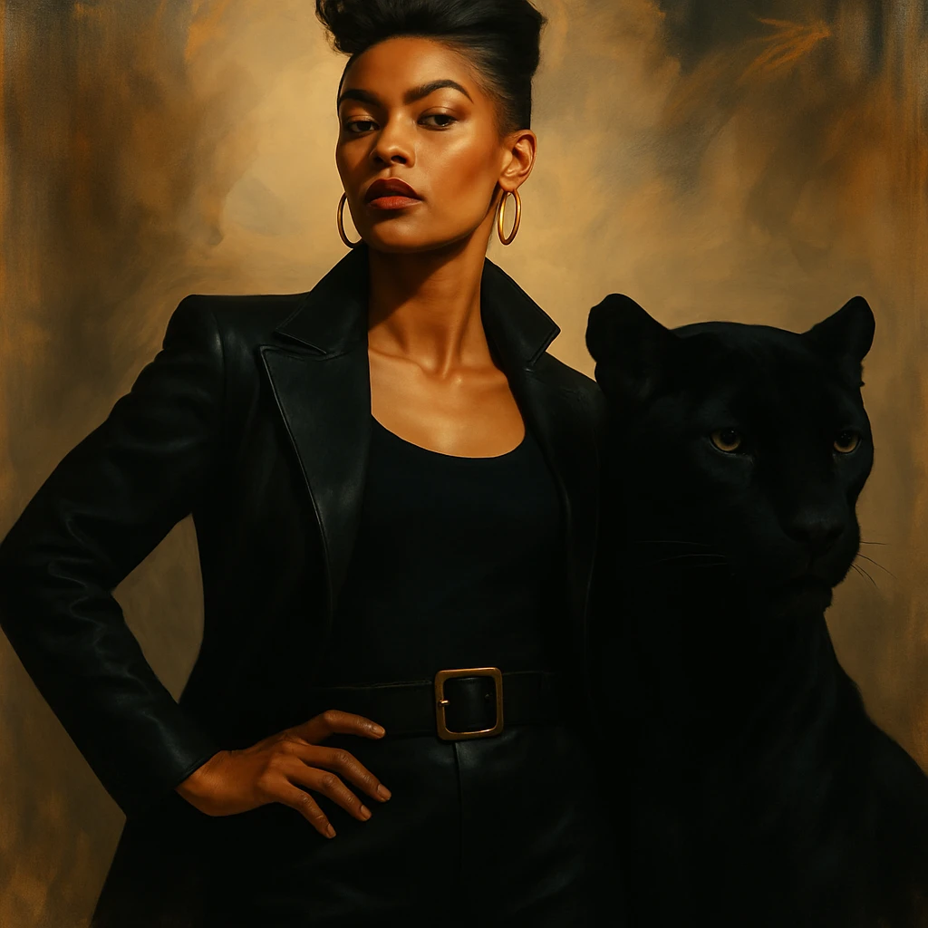 Make the panther black while keeping the woman and background unchanged. Artistic and detailed style. emoji