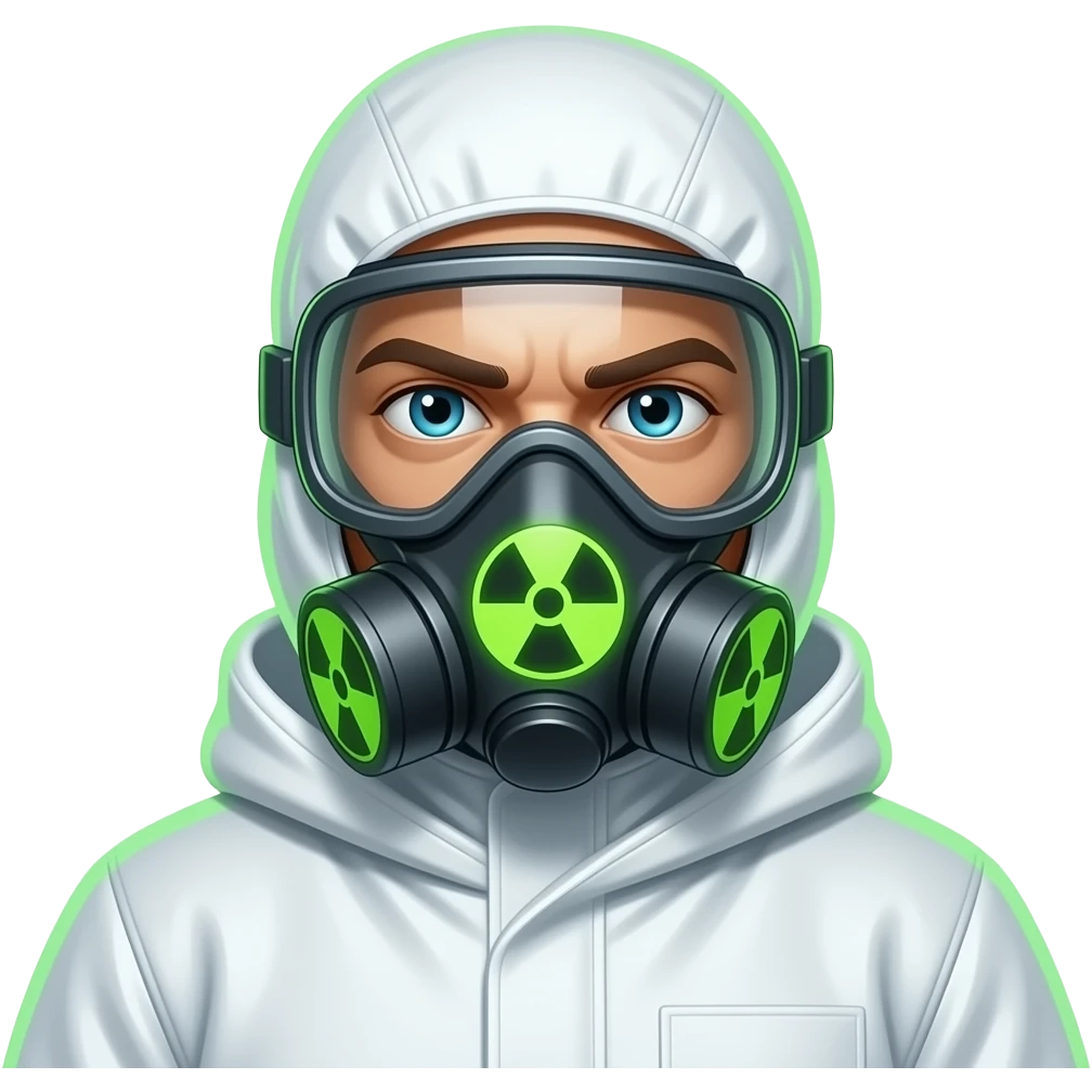 nuclear scientist portrait, head and shoulders only, wearing hazmat mask, lab suit collar, glowing radiation aura, intense eyes, 3D cartoon, mobile game icon style, clean background, no text, no watermark no face shown emoji