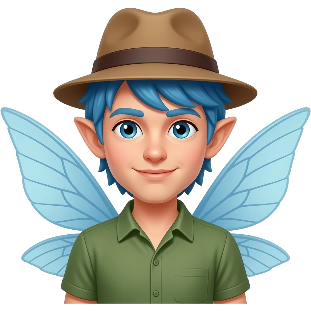 blue haired fairy man with hat and wings sticking out behind shoulders and head emoji