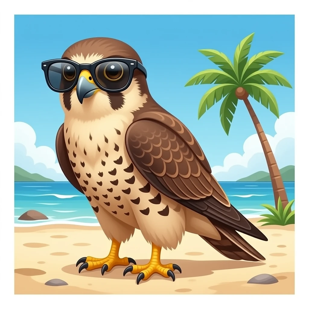 brown falcon with sunglasses on vacation beach emoji