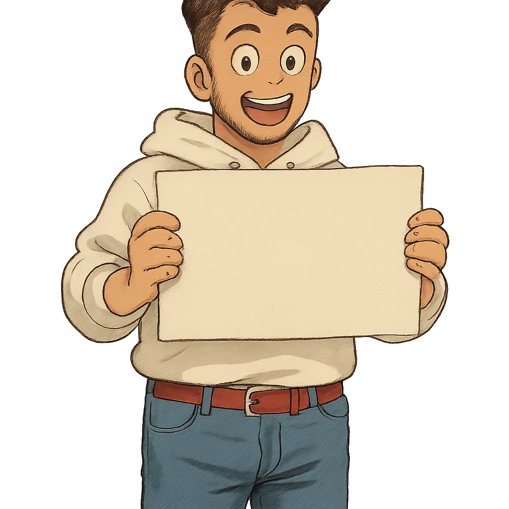 1 male, mid fade haircut dark chestnut brown curly hair, toasted lightskin, white hoodie sleeves up, fashion jeans, red fashion-sneakers shoes, red belt, short trimmed beard and goatee,  style of deku from "my hero academia", pose: holding a blank poster shoulder level, the image is framed from the waist to above the top of the head, facial expression is excited emoji