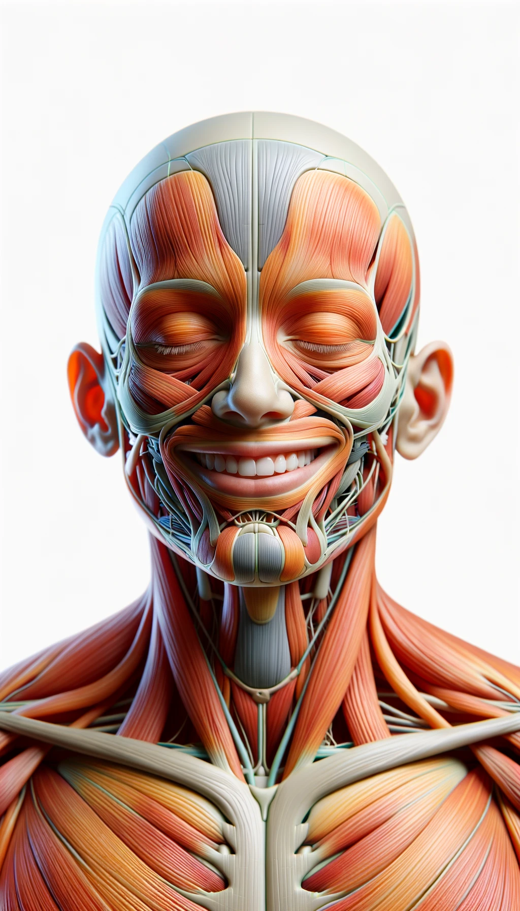 corpo umano anatomico a figura intera che sorride rilassato, iperrealistico 4k, isolato su sfondo bianco emoji
