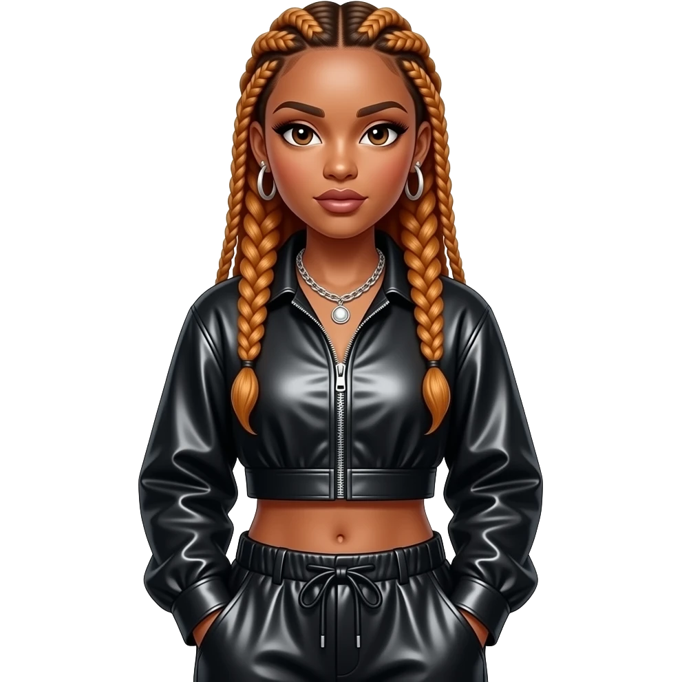 Da Brat, Female Rapper with long coppery blonde braided hair, black metallic shirt, black metallic baggy pants, silver necklace and earrings emoji