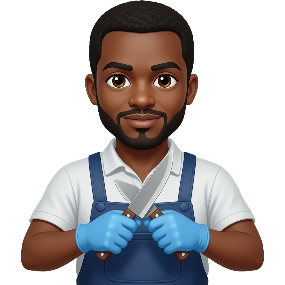 African Slaughter house worker with curved knives and blue gloves emoji
