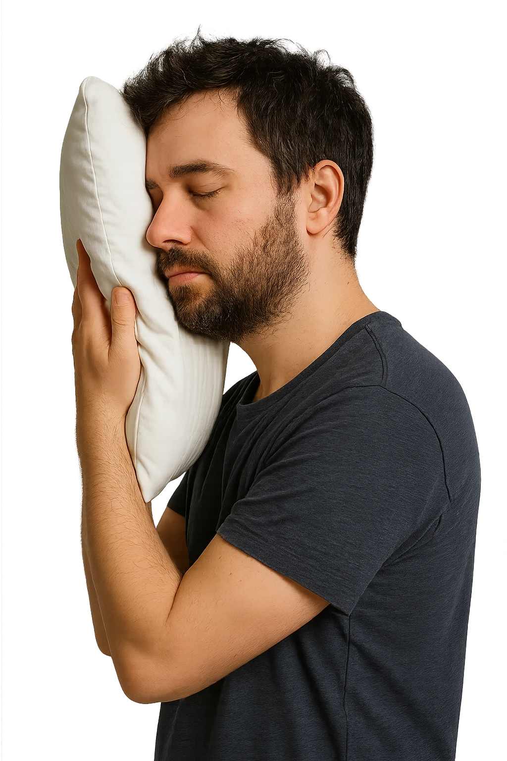 uomo di profilo assonnato che si tiene un cuscino contro la testa, occhi chiusi, iperrealistico 4k, isolato su sfondo bianco emoji