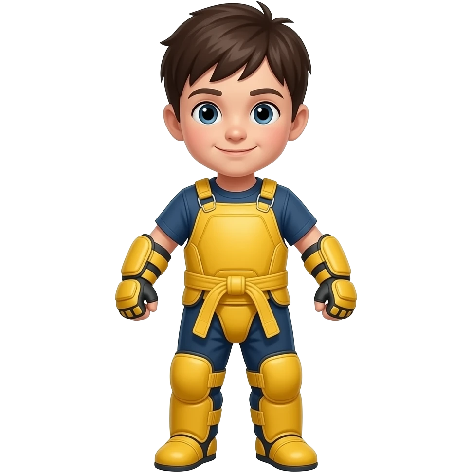 Identical stance, child in yellow pads with arms slightly bent, slight smile, centered composition.

 emoji