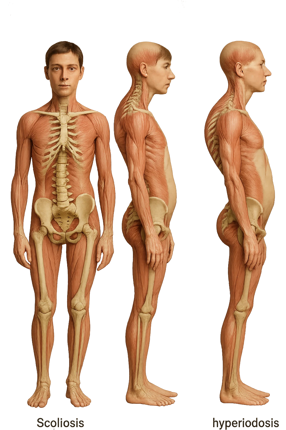fai un immagine identica che riguarda 3 posture scorrette: scoliosi, ipercifosi e iperlordosi. falla iperrealistica anatomica in 4k con spina dorsale storta in evidenza su ogni figura emoji
