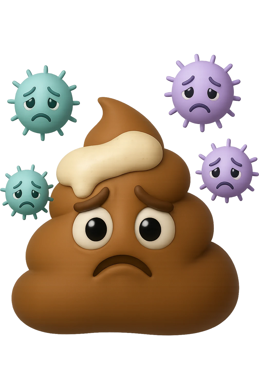 emoji stile iphone 3d di una cacca con muco bianco sopra, dietro cui fluttuano batteri intestinali tristi, iperrealistiche 4k emoji