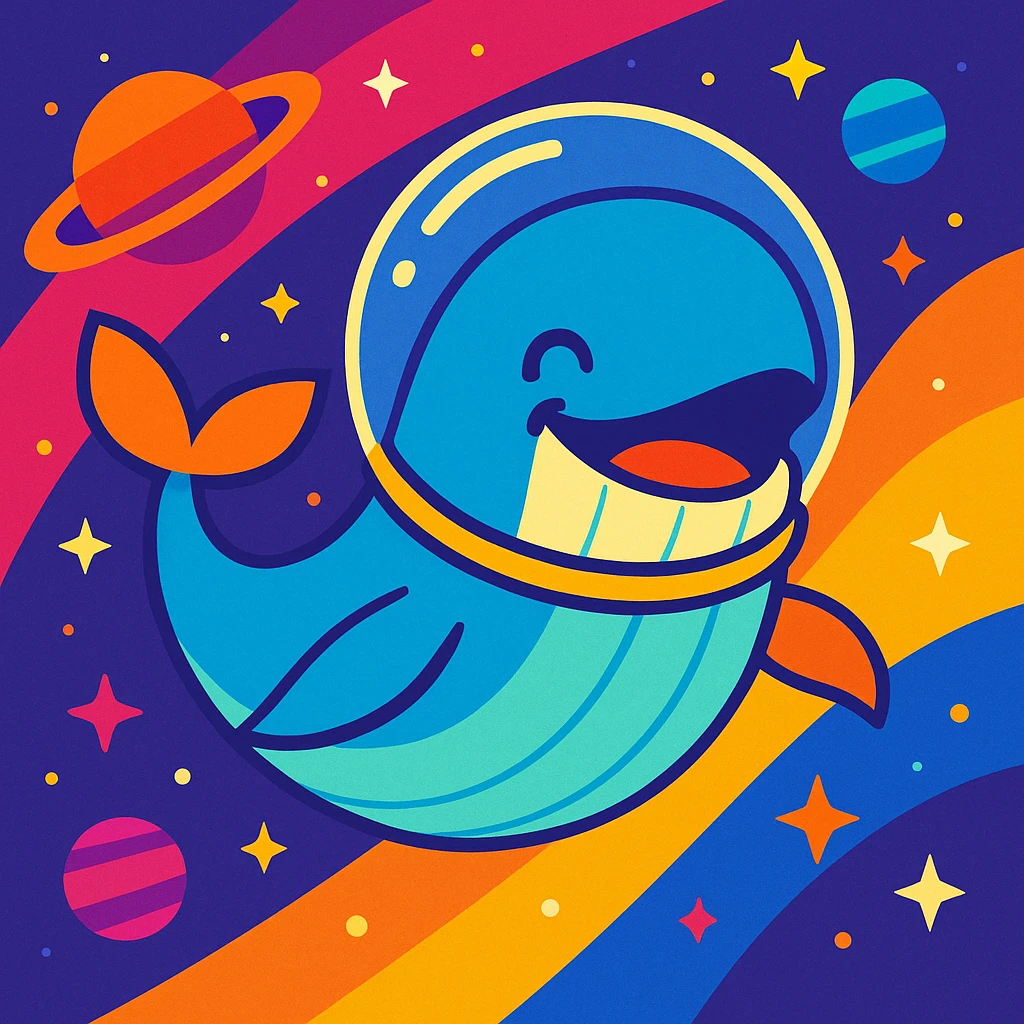 the happiest whale in space, playful, colorful, with a space helmet emoji