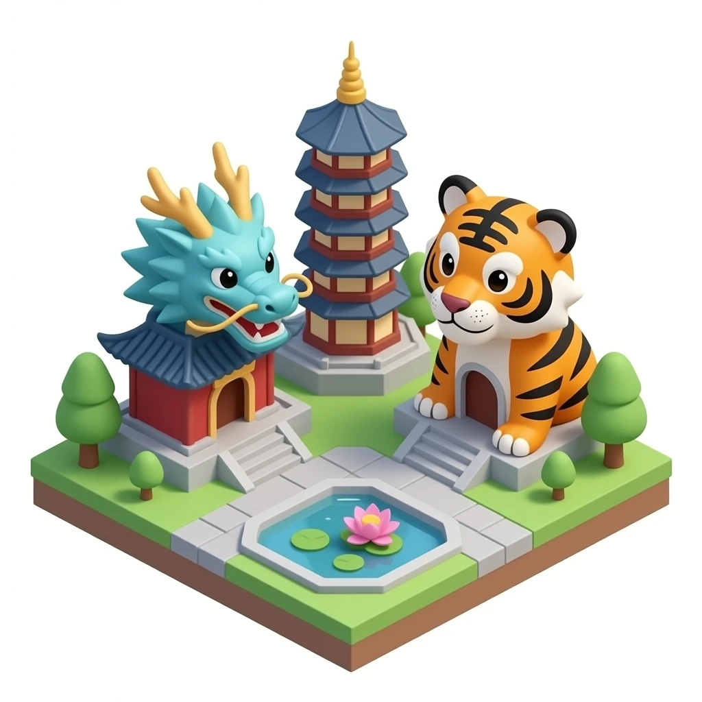3D isometric miniature emoji of the Dragon and Tiger Pagodas, cute chibi style, glossy vibrant colors, dragon and tiger entrances, small lotus pond, soft lighting, clean minimal background, toy diorama look emoji