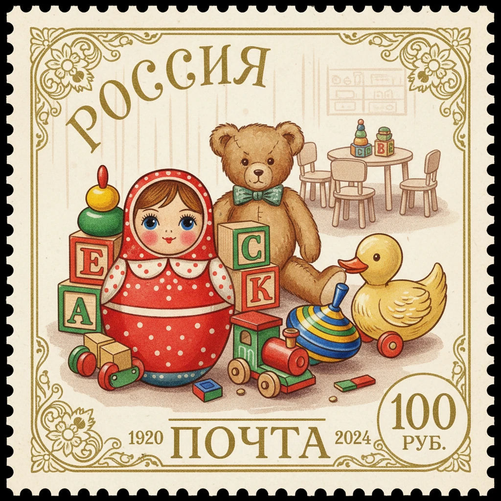 Сделай марку на которой изображены игрушки детского сада, на первом плане - неваляшка 1920-х годов

Стиль марки такой же, как на прикрепленном фото emoji