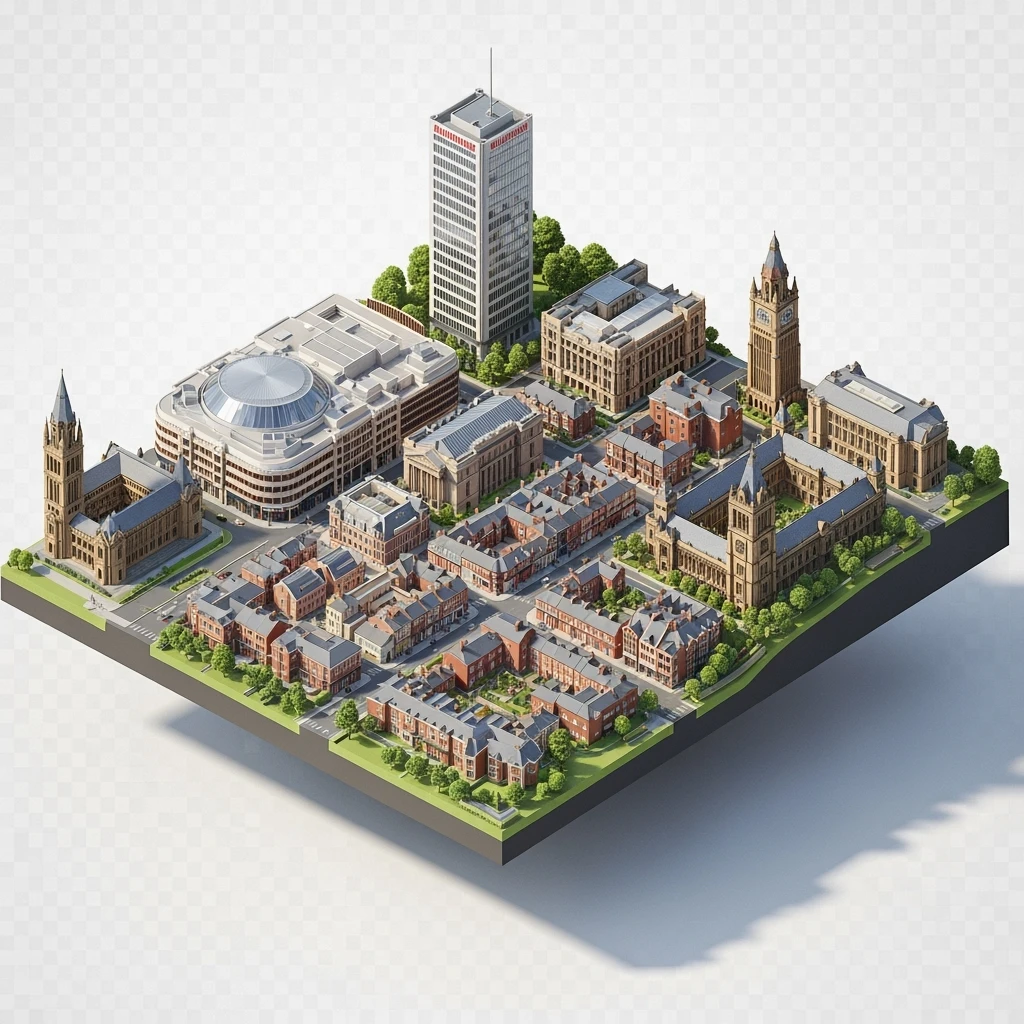 Isometric illustration-model of Birmingham with photorealistic main attractions, balanced between stylized and realistic, 3D miniature effect, transparent background. emoji