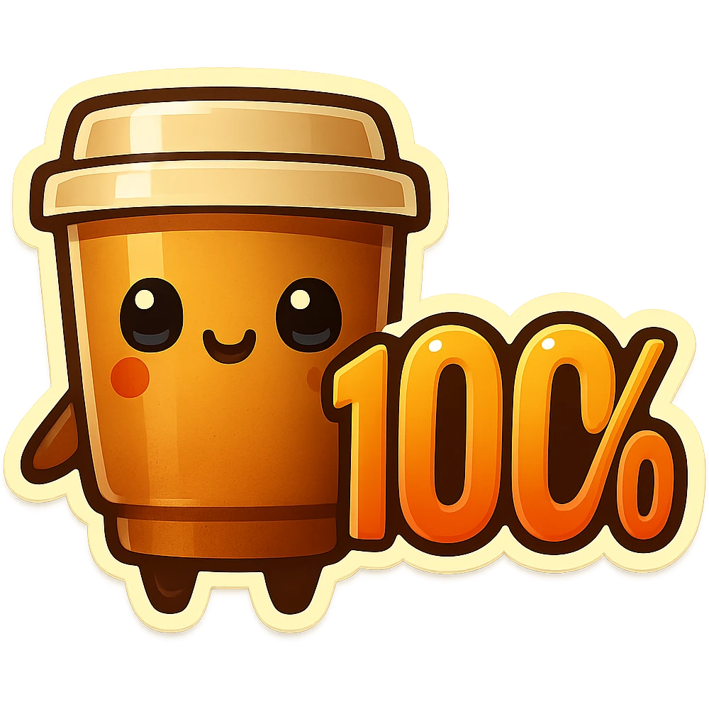 Tall coffee cup, no mouth, giant sign "100%" emoji