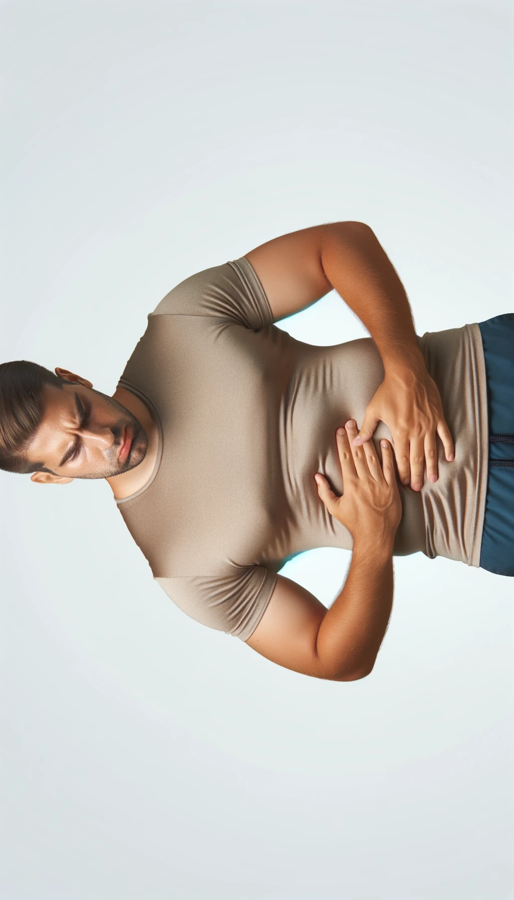 UOMO FITNESS LEGGERMENTE SOVRAPPESO, SI TOCCA LA PANCIA CON ESPRESSIONE DISPIACIUTA IN VOLTO, iperrealistico 4k emoji