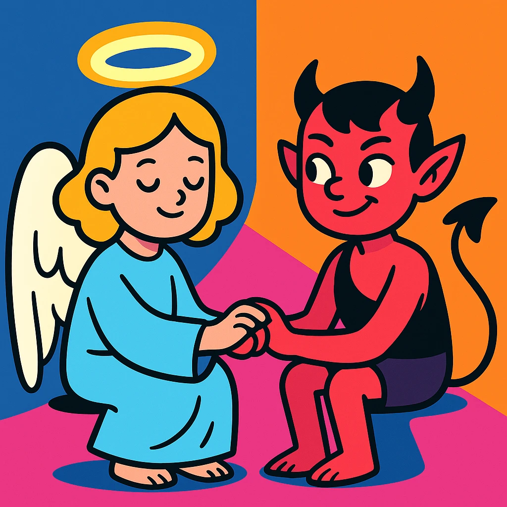 An angel and a demon sitting together, holding hands emoji