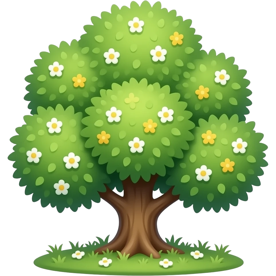 Apple-style blooming tree, round soft green canopy. No pot, no ground — only the tree. Small white and yellow flowers inside the leaves. Flat 2D vector, clean shapes, no gradients. Dark near-black background, premium fintech icon. emoji