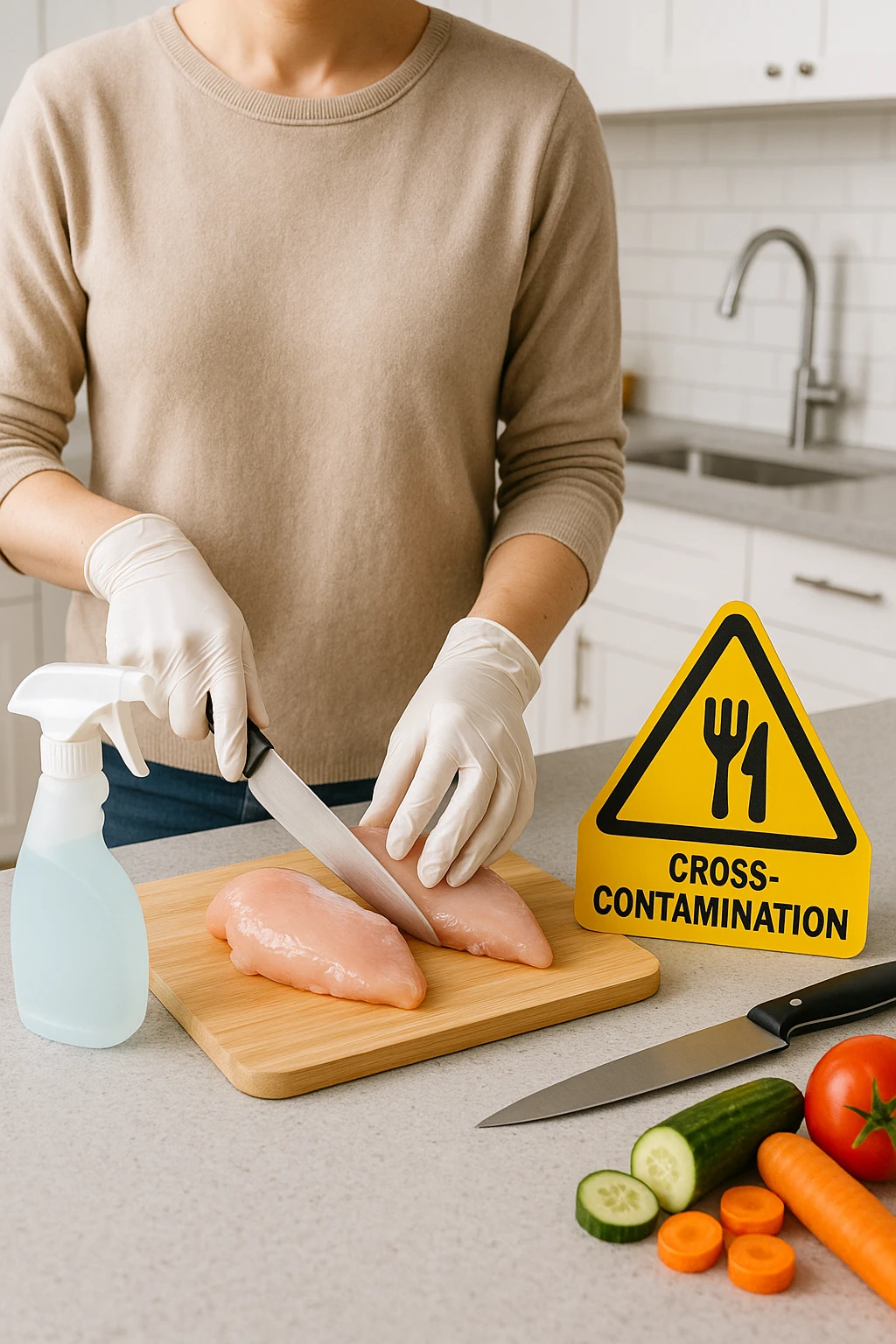 a person in a modern kitchen handles raw chicken breasts on a cutting board, wearing disposable gloves. Nearby, a bottle of disinfectant spray, a separate knife for vegetables, and a warning sign about cross-contamination are clearly visible. The mood is educational, emphasizing safe food handling. emoji