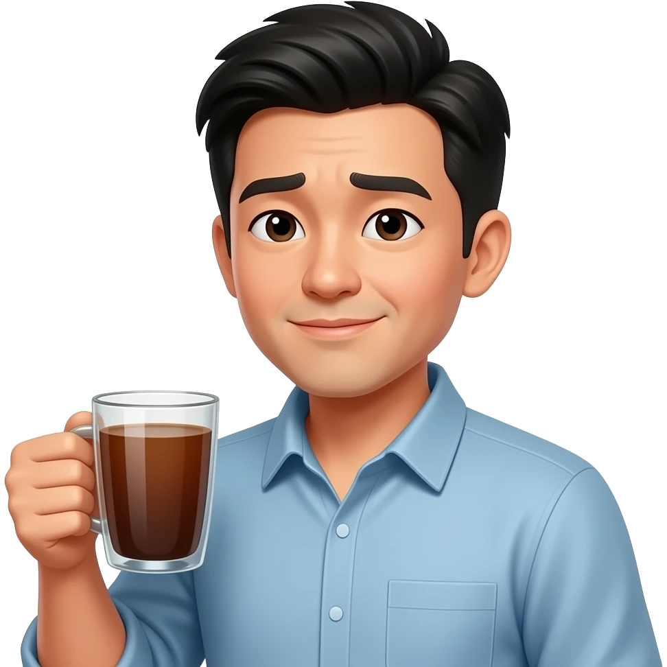 sick asian man holding hot drink, emoji