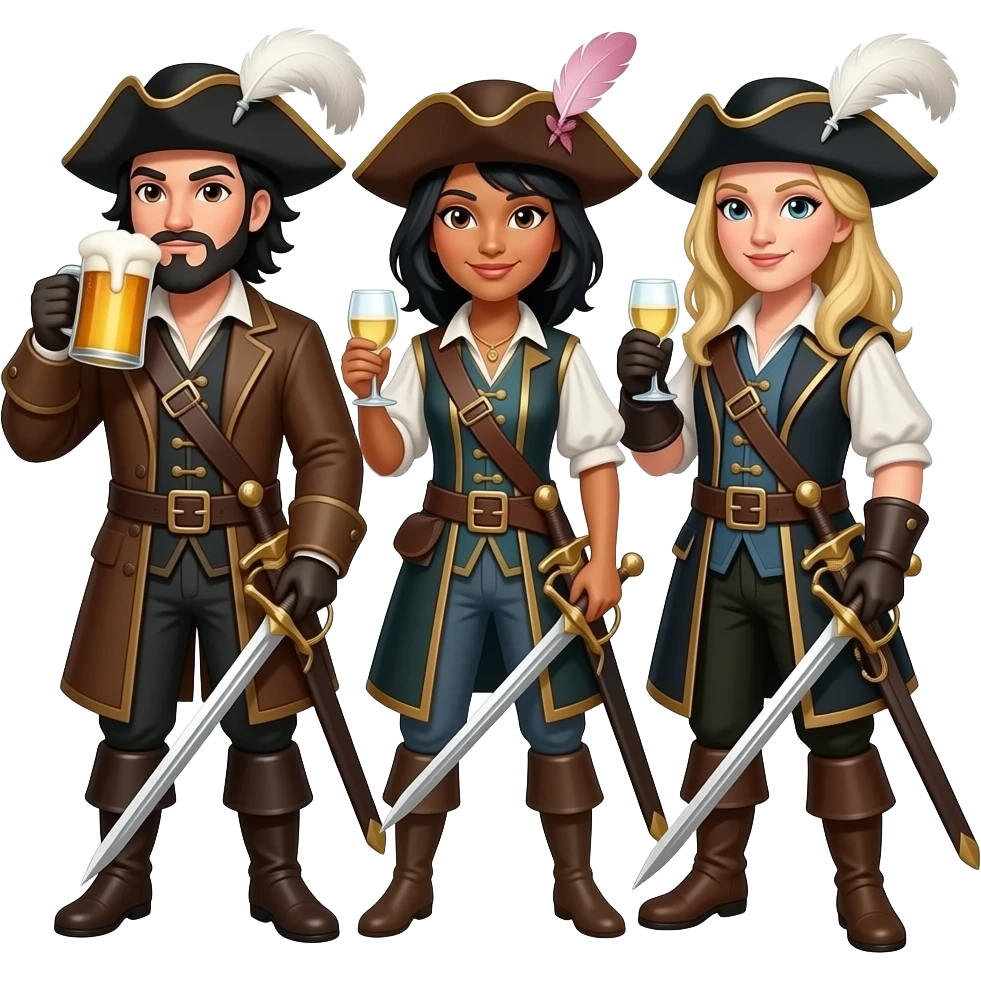 Three musketeers with swords and hats. One guy with black hair, beard and dark brown eyes, one girl with black hair and tanned skin and one girl with blond hair. The guy is drinking beer and the girls white wine. emoji