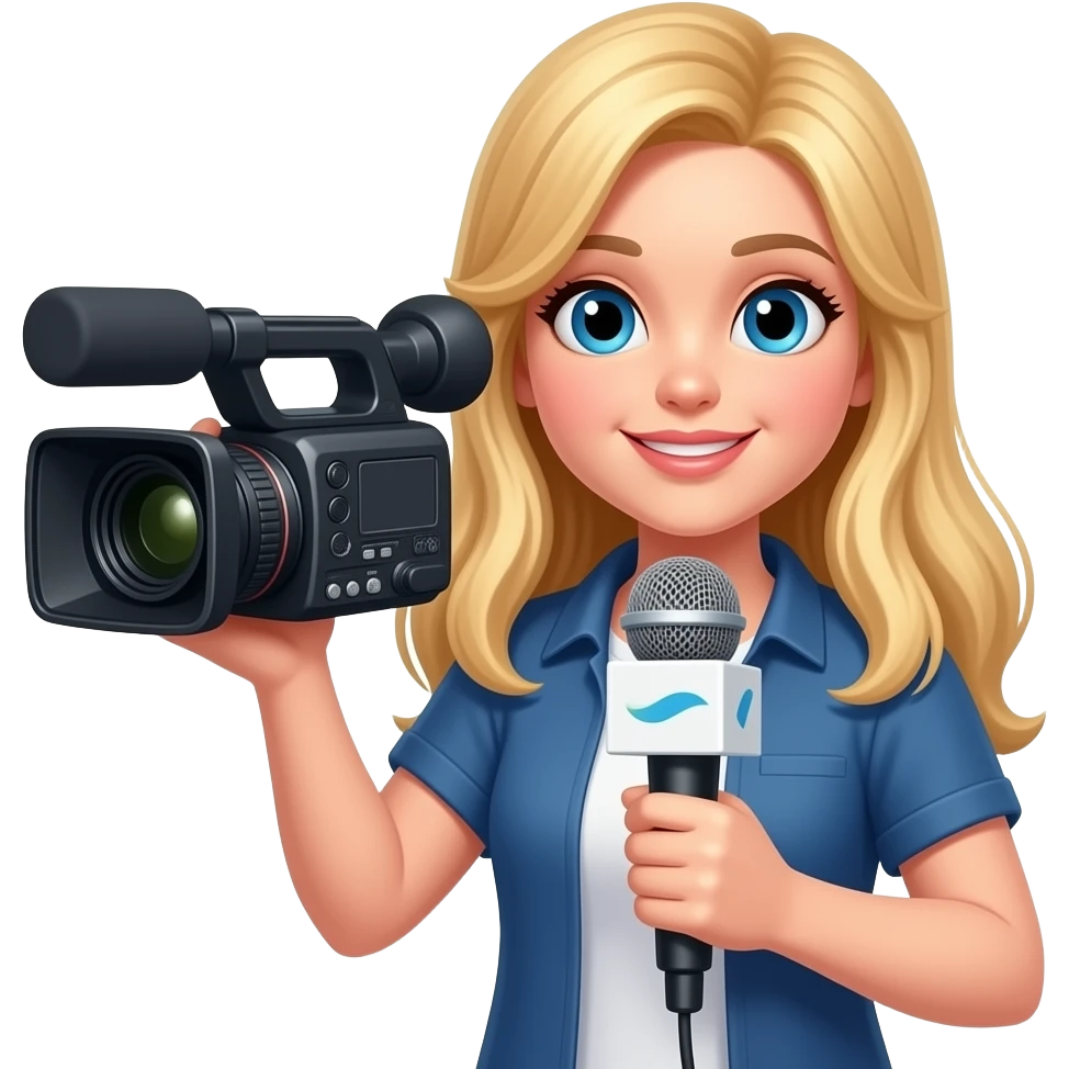 quiero una chica blanca rubia​ que aparezca con uva camara de televisión y un micrófono de reportero que no tenga nada escrito emoji