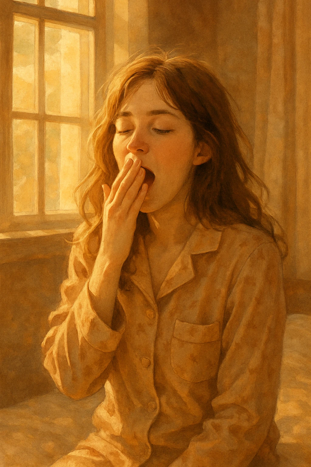 a brown-haired girl in pajamas yawning, sunlight coming through the window, warm morning atmosphere emoji