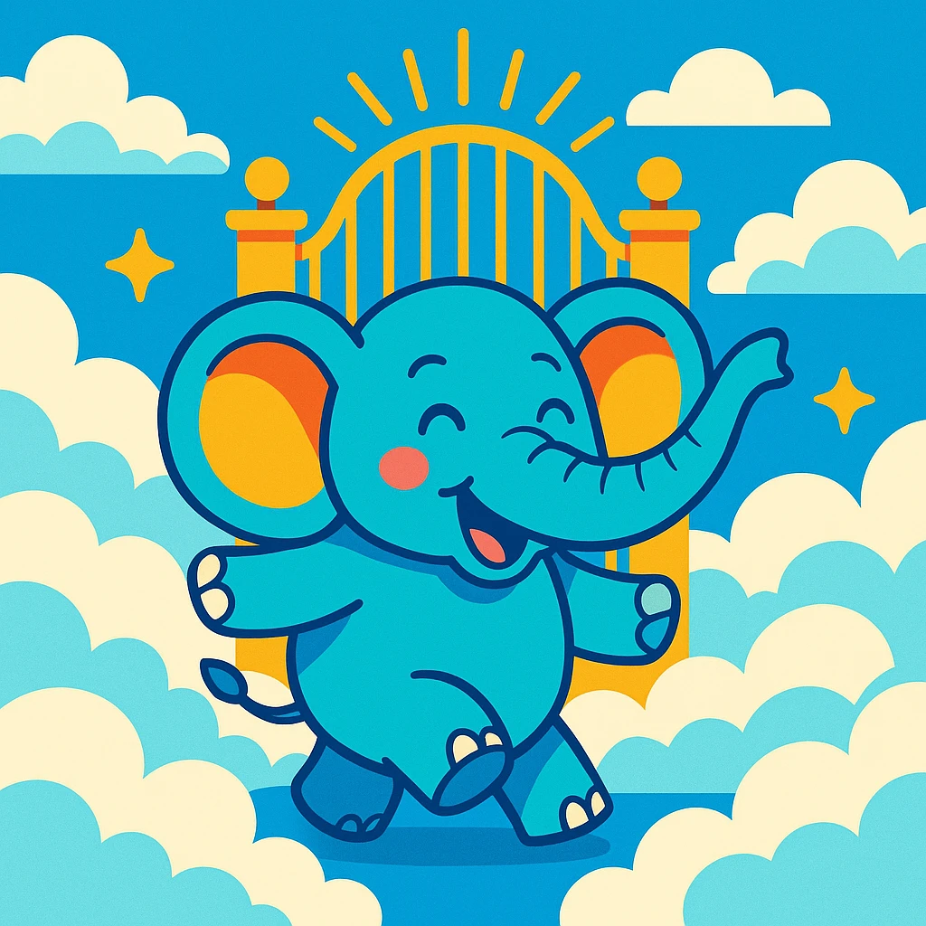 an elephant in heaven, vibrant cartoon style, with clouds and golden gates emoji