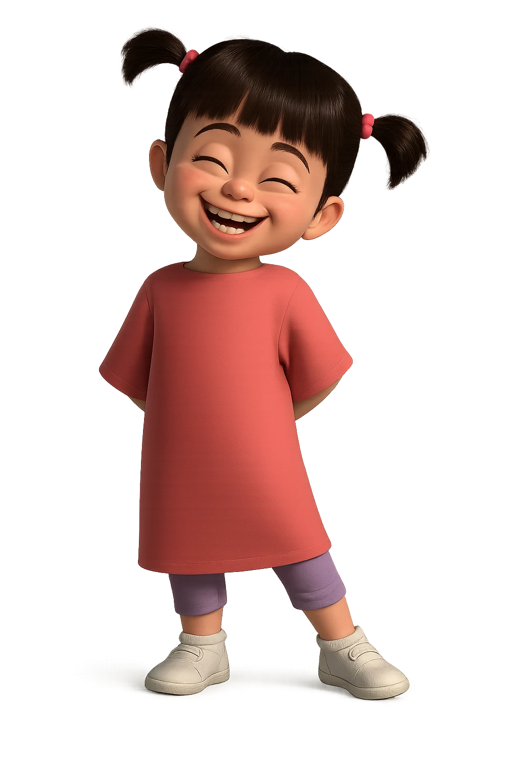 Add a happy, wide smile expression to the little girl character, keeping the picture quality, color, and style exactly the same. Only change the facial expression. Maintain the original style and details. emoji
