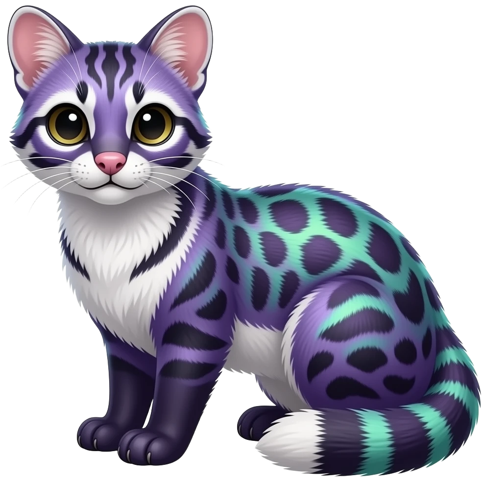 shiny realistic silky tropical thin exotic beautiful purple fur with cyan-lime-green-gradients-colored, black markings, with white underside, iridescent civet-genet-Cacomistle-oncilla-animal-hybrid with intricate pattern markings (full body) emoji