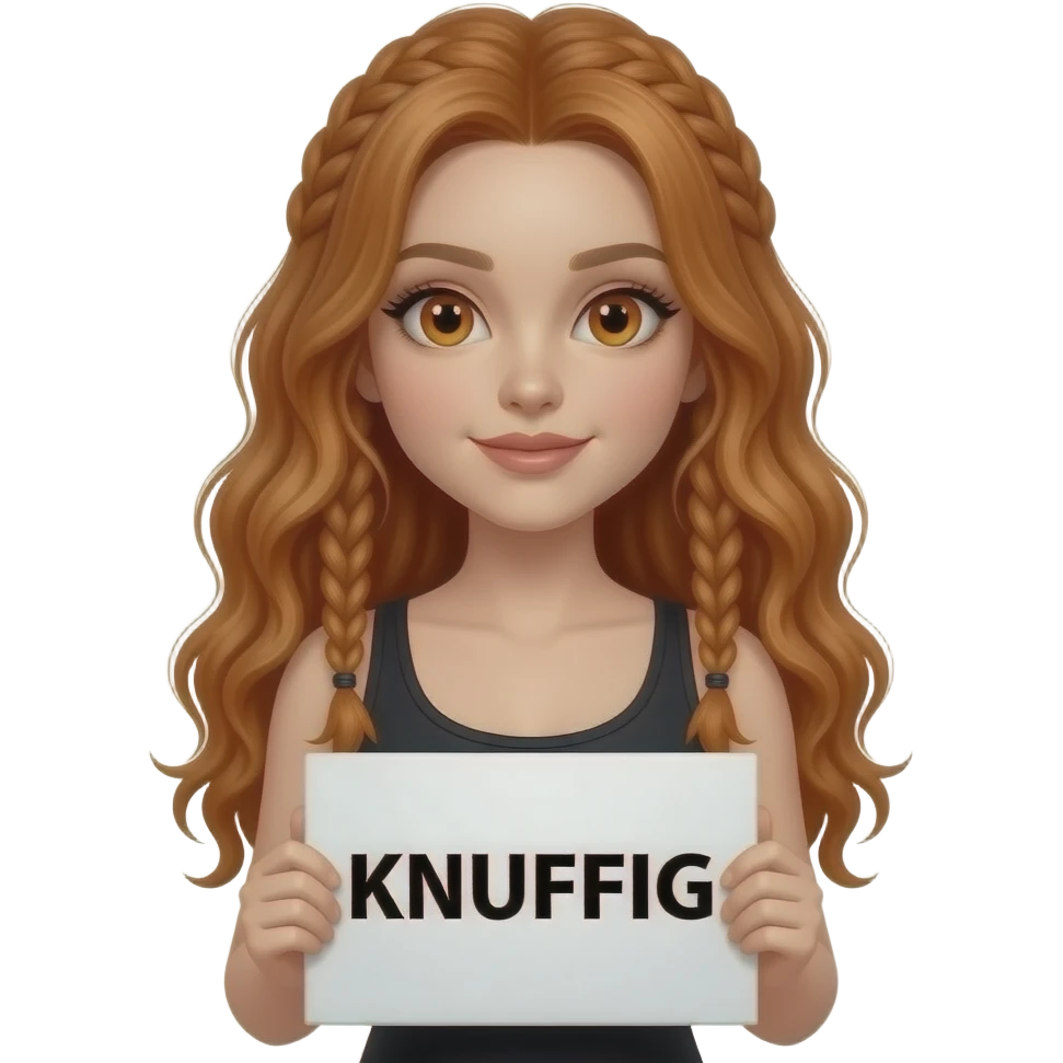 sexy girl with long wavy ginger braids and ginger eyes wearing a black tanktop is holding a white sign with KNUFFIG written on it emoji
