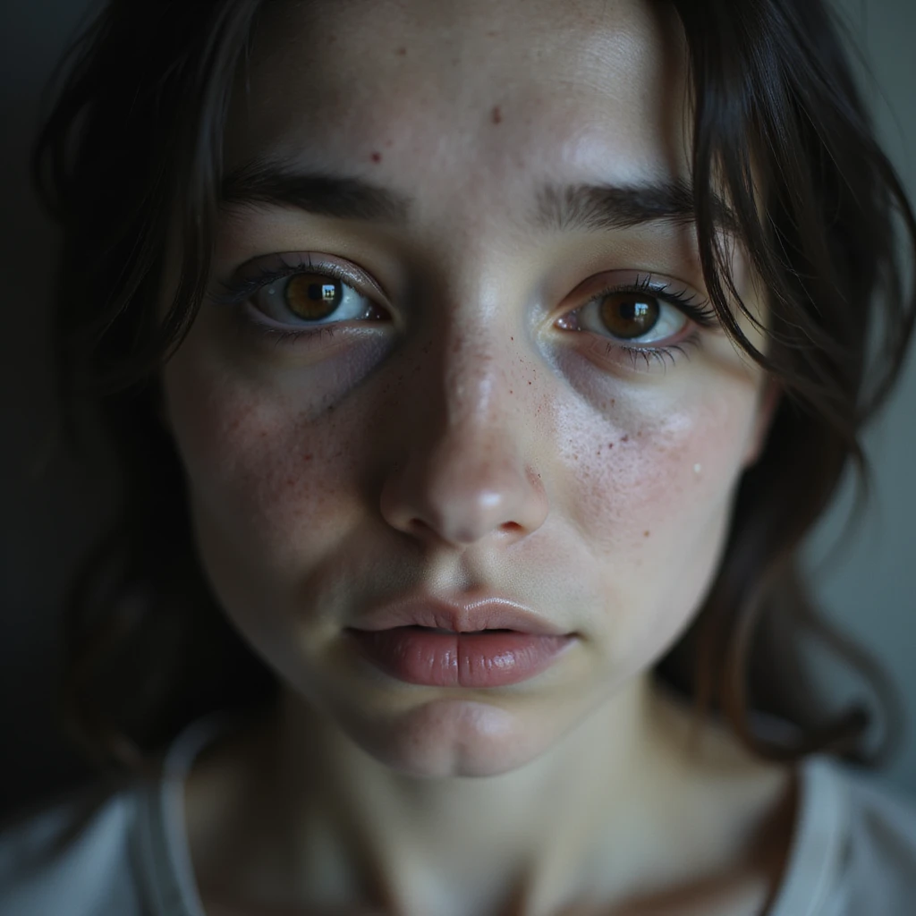 hyperrealistic close-up of a female face with deep dark circles, pale skin, very tired expression, lost gaze, realistic details, 4K quality, neutral background emoji