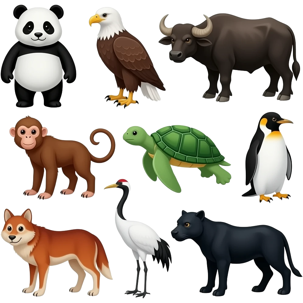 Black and white panda bear, brown and white bald eagle, black water buffalo, red orange spider monkey, green sea turtle, black and white macaroni penguin, blue seal, red wolf, white whooping crane, and black panther emoji