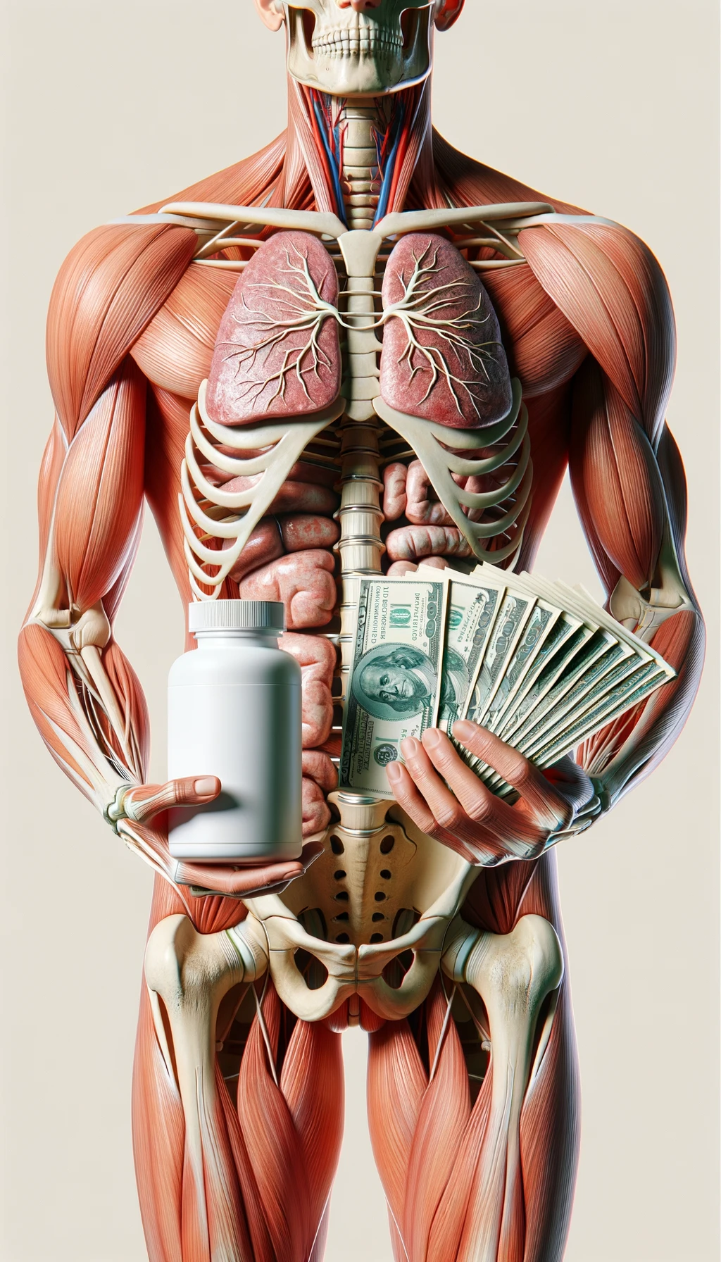 corpo umano anatomico che tiene nella mano destra una boccetta di integratore e nella mano sinistra delle banconote, sfondo neutro chiaro emoji