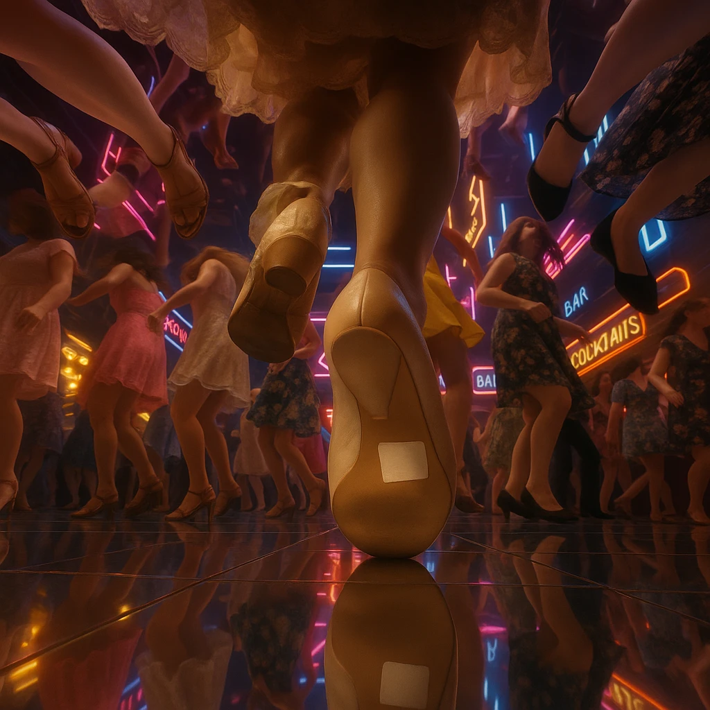 Night bar setting, people in dresses, camera positioned under the glass floor looking up at a 90-degree angle, capturing the feet and lower parts of the dancers. The scene should be vibrant and lively, with colorful lights and a bustling atmosphere. A girl in elegant shoes with a blank sticker on one sole. emoji