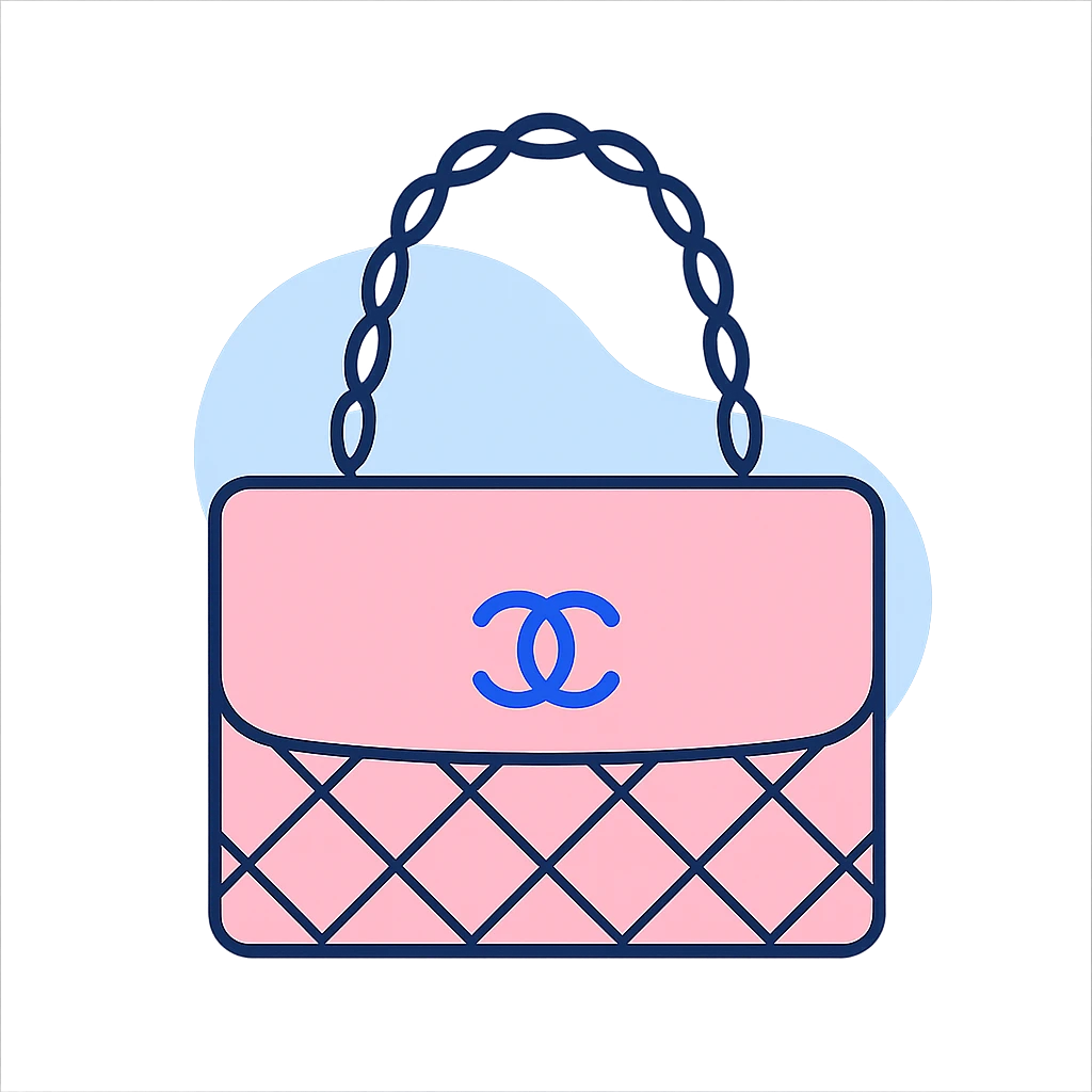 pink Chanel purse, blue blob style, soft and abstract emoji