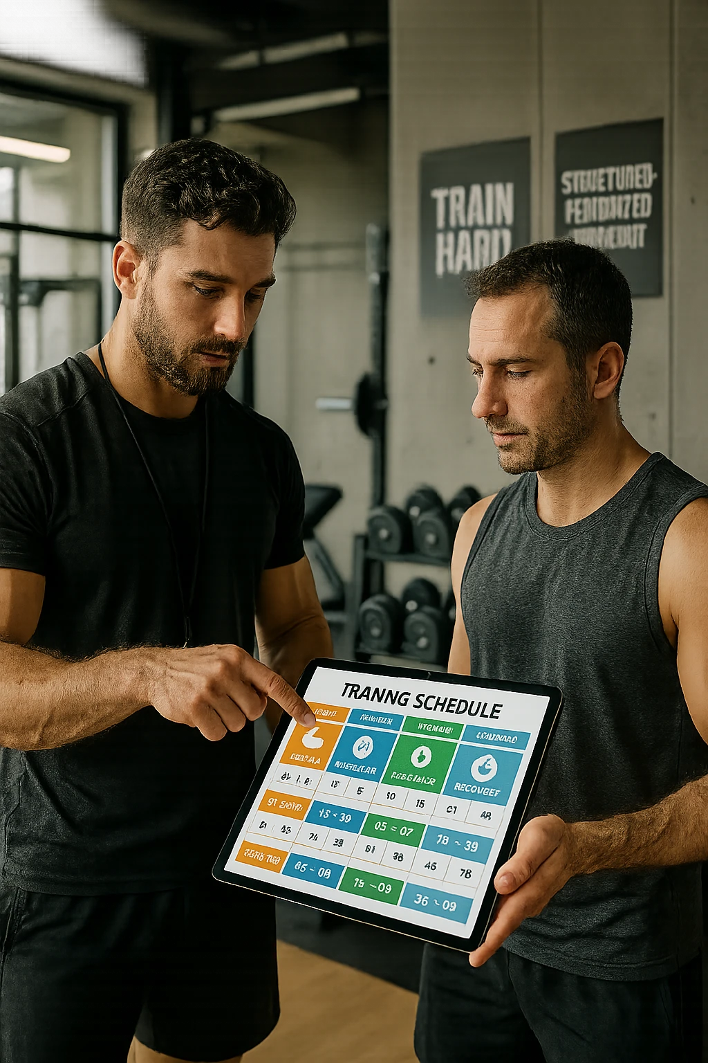 realistic cinematic photo a personal trainer and a client stand in a modern gym, reviewing a large, color-coded training calendar or chart on a tablet. The calendar shows different phases (strength, hypertrophy, endurance, recovery) with icons and dates. Around them, gym equipment and motivational posters reinforce the idea of structured, periodized training. in italiano emoji