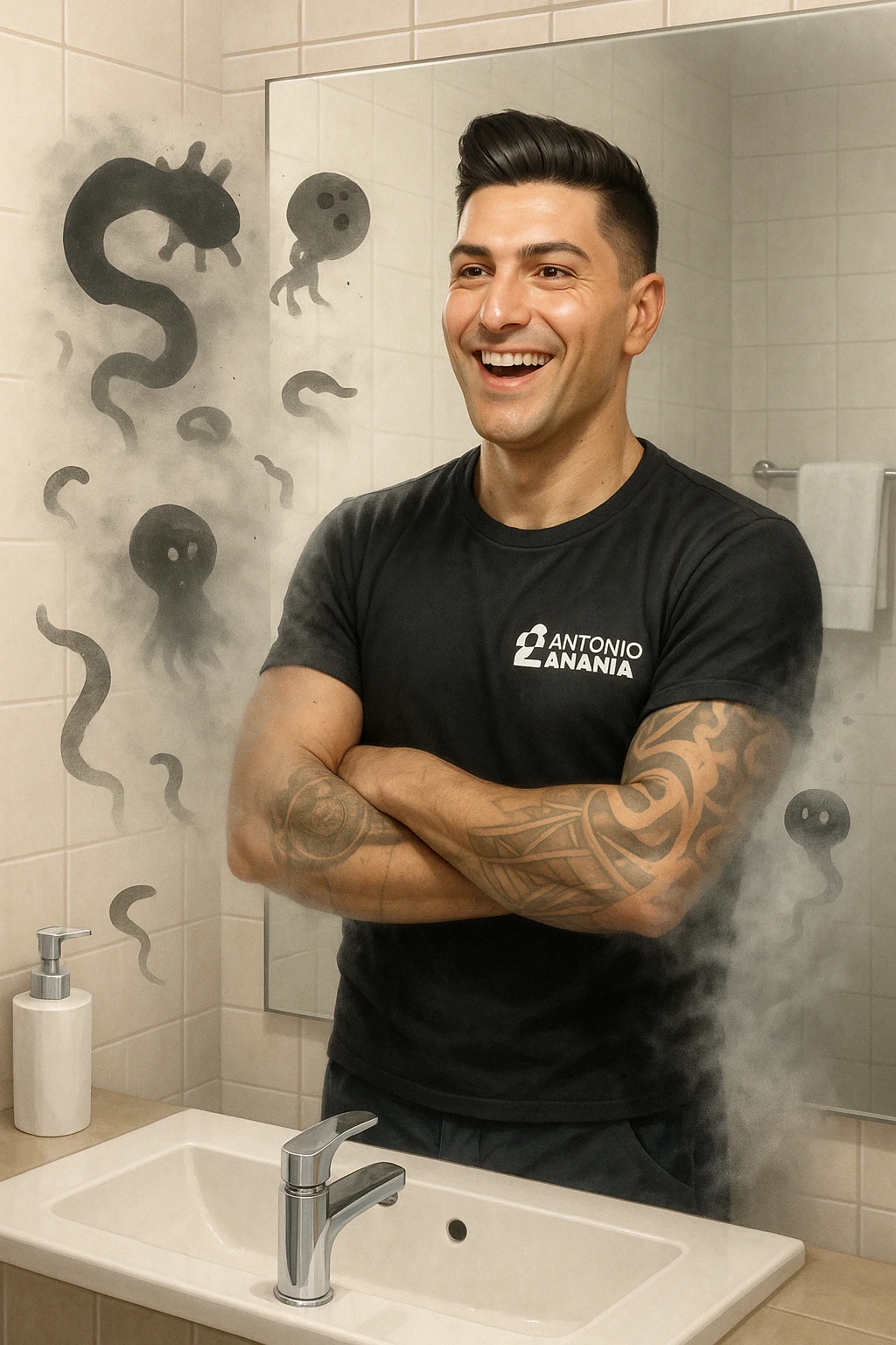 a man stands in a brightly lit bathroom, looking relieved and revitalized as he examines his reflection in the mirror. In the foreground, stylized, shadowy images of parasites (such as worms or protozoa) are shown leaving his body, dissolving into mist or fading away. His posture is upright and his expression is one of newfound energy and health. emoji