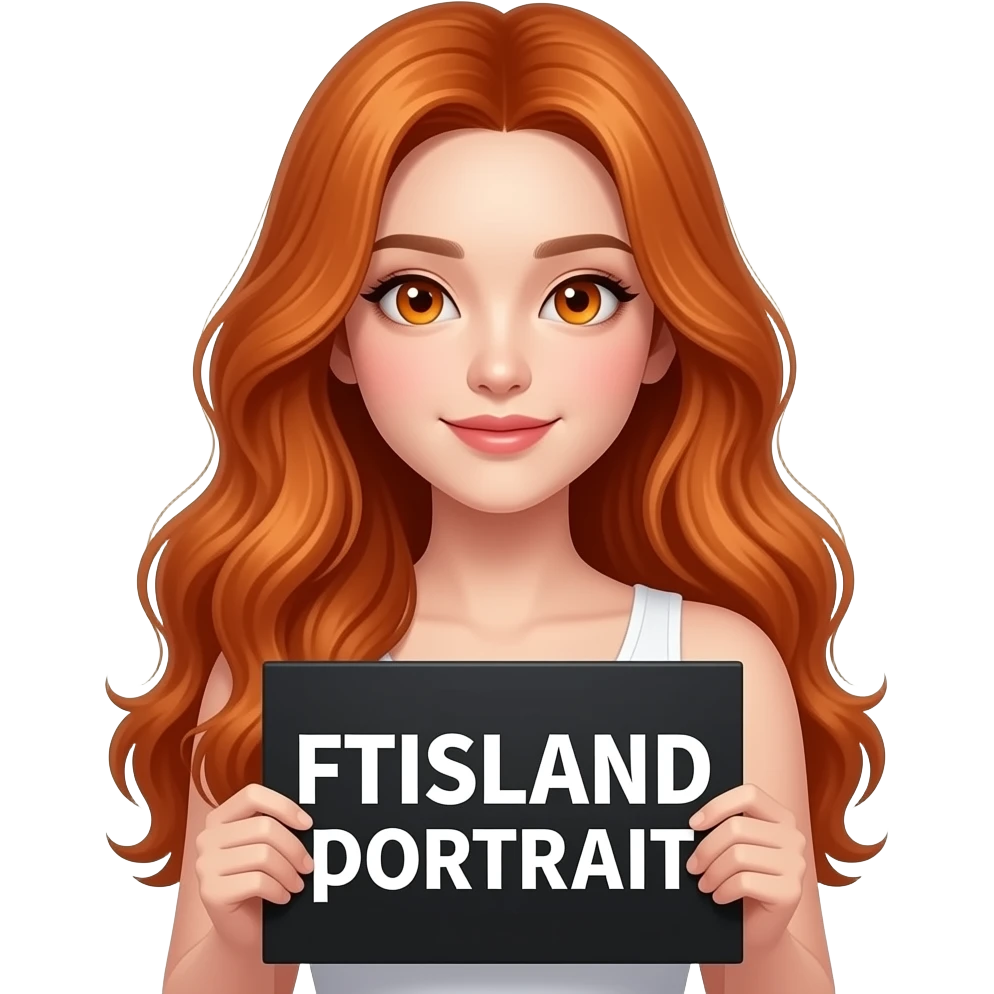 sexy girl with long wavy ginger hair and ginger eyes wearing a white tanktop is holding a black colored sign with FTISLAND written on it emoji