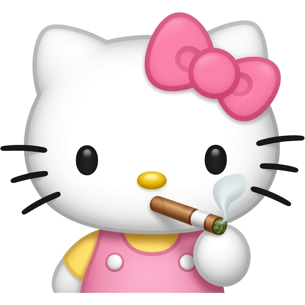 Hello kitty with light pink bow smoking a rolled marijuana blunt emoji
