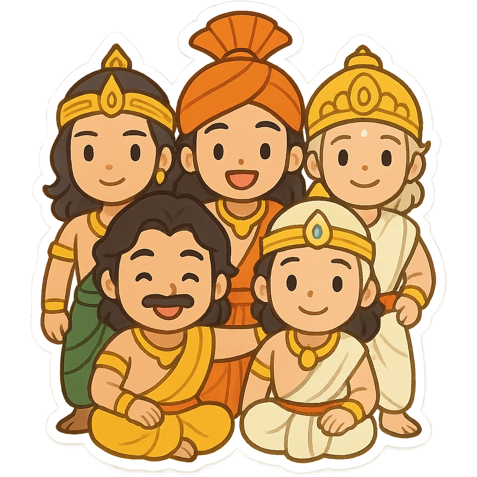Pach Pandav, the five Pandava brothers from Indian mythology, depicted together in a friendly, iconic group pose, vibrant and recognizable, suitable for an emoji or sticker emoji