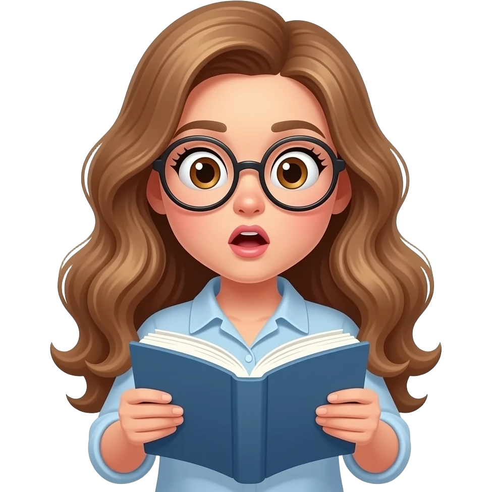 detailed emoji illustration of a curvy woman with long light brown wavy hair, light brown eyes and round glasses reading a book with a shocked expression, surprised by the story, cute emoji style emoji